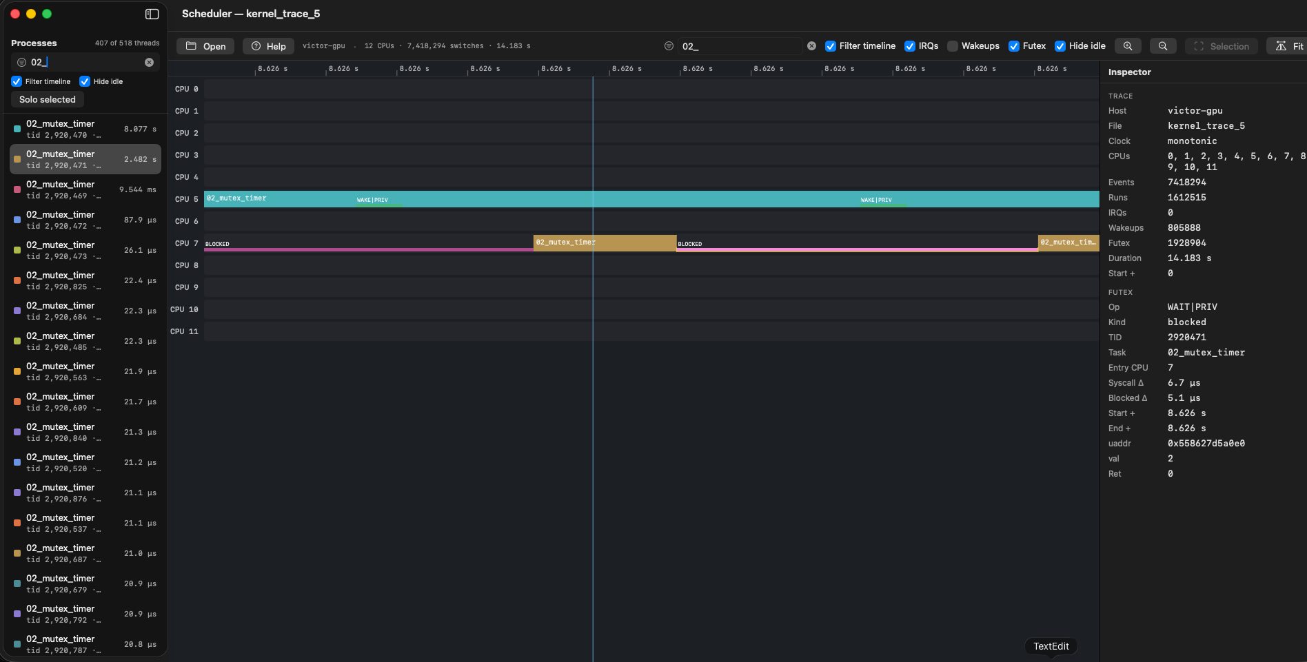 Corelapse showing a per-CPU Linux scheduler timeline with futex blocked-wait bands and the inspector panel